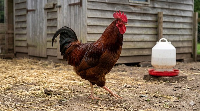 Coq Rhode Island Red au plumage rouge acajou dans une ferme