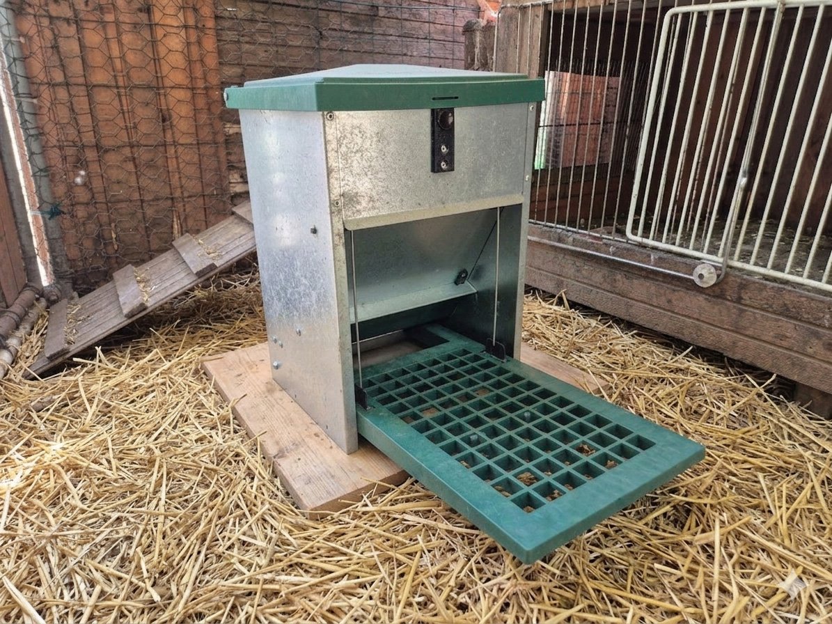 Mangeoire adaptée permettant de distribuer les grains et pellets sans gaspillage.