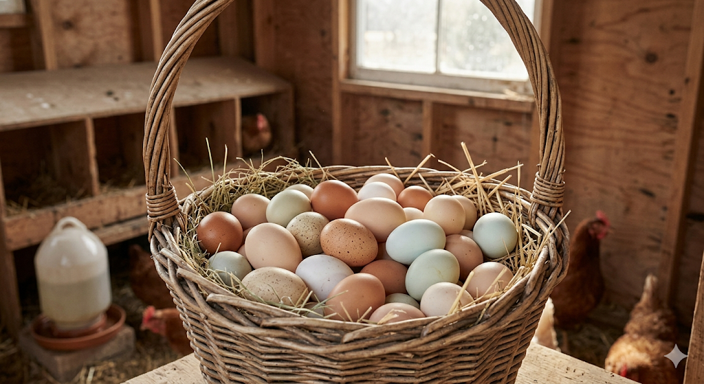 Oeufs bleus de poule Araucana dans un panier parmi des œufs de différentes couleurs
