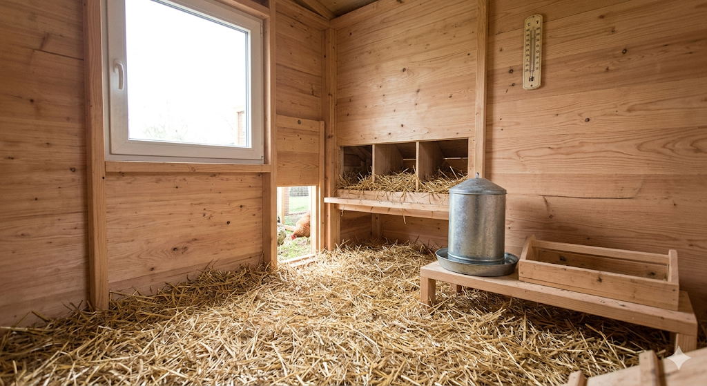 Intérieur d'un poulailler parfaitement entretenu et propre