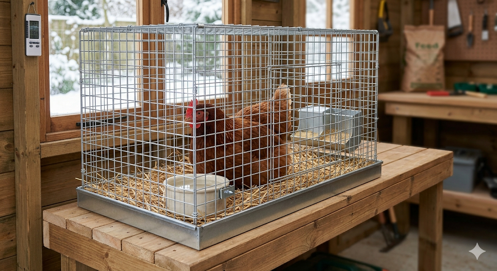 Une poule malade isolée dans une cage d'infirmerie propre pour son rétablissement