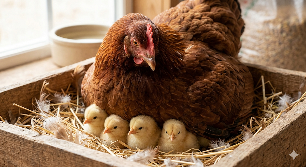 Poule rousse protectrice avec de petits poussins