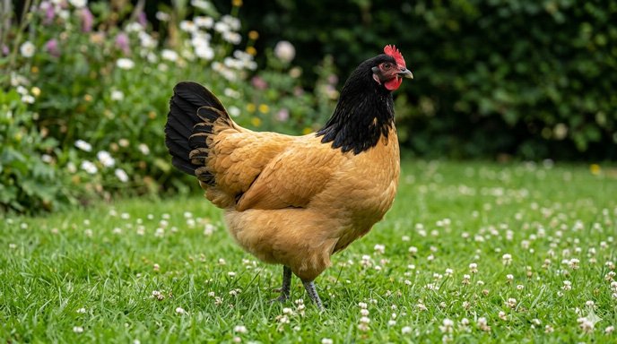 Poule Vorwerk au plumage bicolore noir et fauve caractéristique dans un parcours extérieur