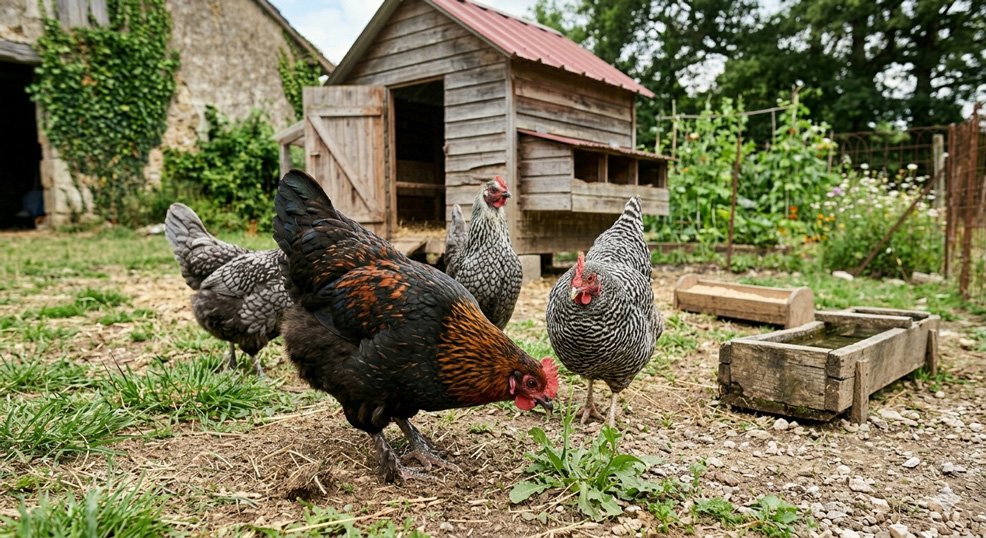Poules Marans dans un poulailler en bois
