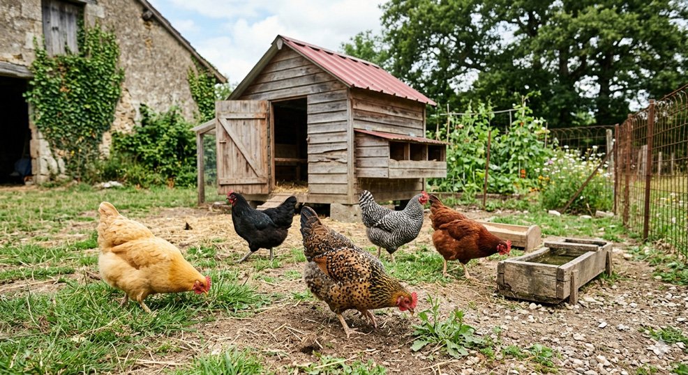 Groupe de poules de races variées dans un poulailler sain et spacieux.