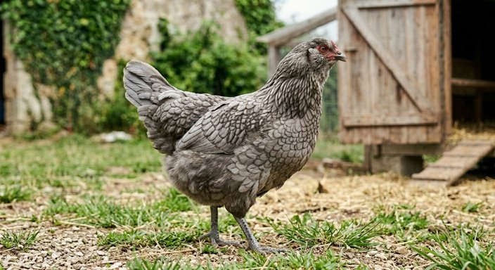 Poule Araucana de race pure, célèbre pour ses œufs aux nuances bleues et vertes.