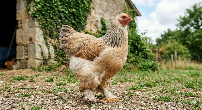 Poule Brahma géante au plumage perdrix maillé doré dans un jardin arboré