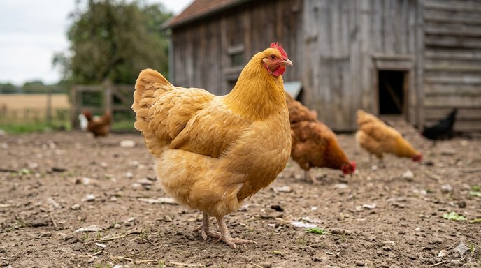 Poule Orpington fauve au plumage abondant et soyeux picorant dans l'herbe