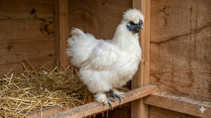 Poule Soie blanche au plumage vaporeux, poule d'ornement idéale pour enfants