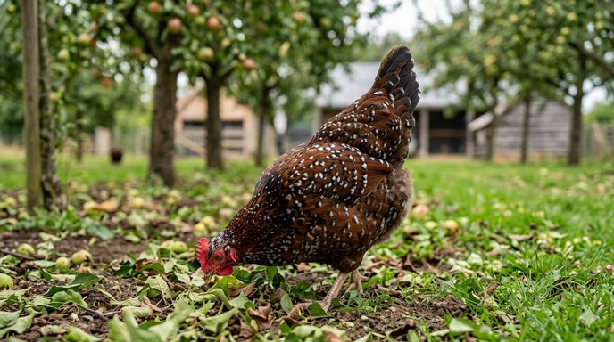 Poule Speckled Sussex au plumage tacheté