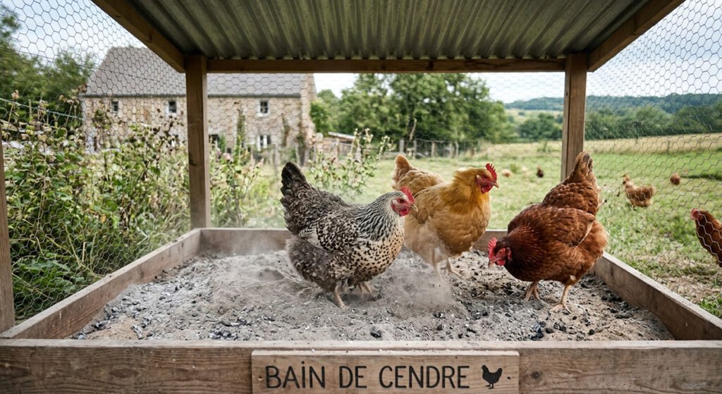 Poules dans un bain de cendre: secret d'un plumage sain.